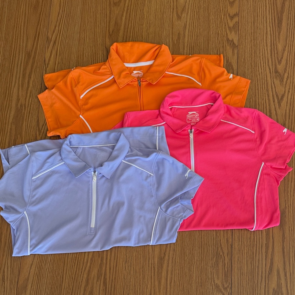 3 Slazenger Women's Short Sleeve 1/4 Zip Up Polo Shirts Orange, Pink, & Lilac
